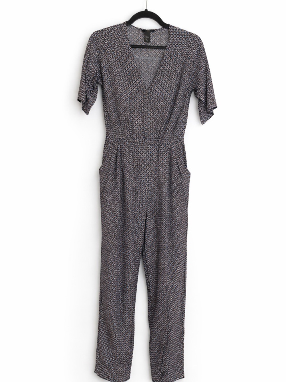 H&M Geometric Print Jumpsuit Size 2 Blue Black V Neck Pockets